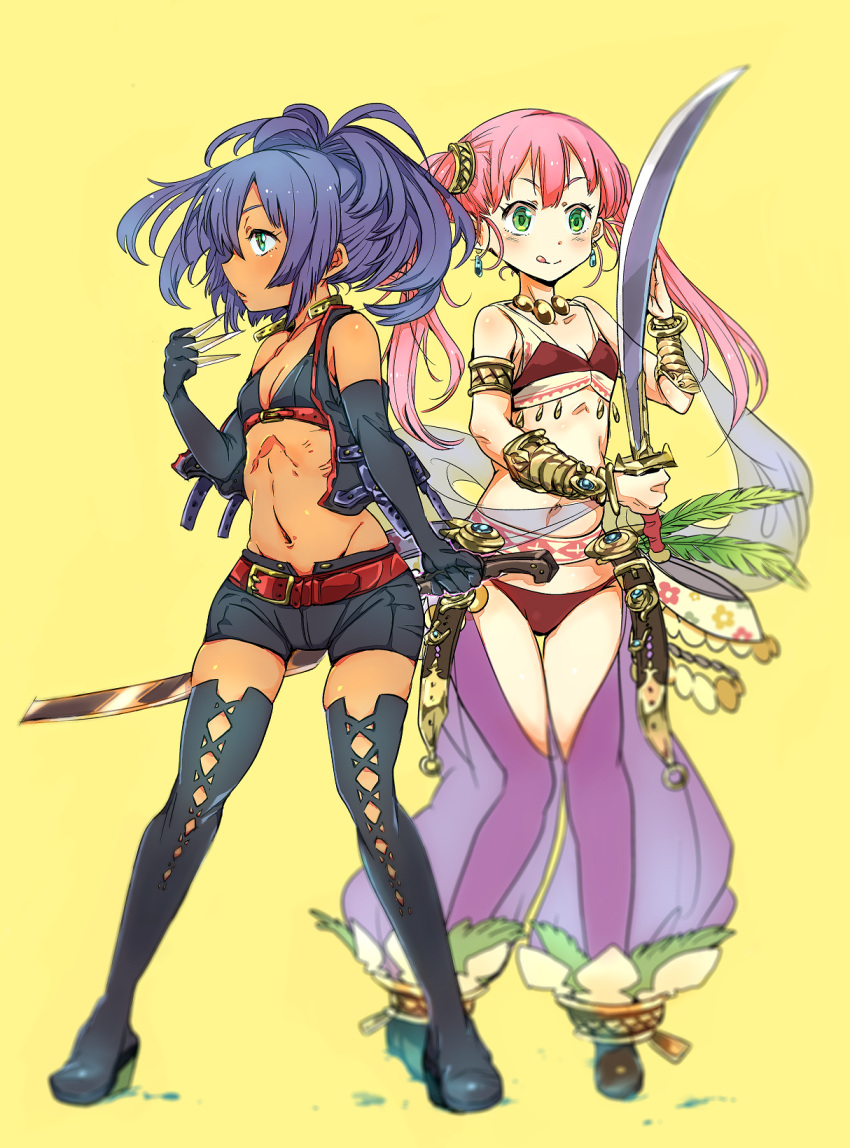 boots bracelet commentary_request dancer_(sekaiju) dark_skin earrings flat_chest gloves highres jewelry knife long_hair multiple_girls navel night_seeker_(sekaiju) pink_hair sekaiju_no_meikyuu sekaiju_no_meikyuu_4 smile sword throwing_knife twintails underwear wasabi_(umiumicat) weapon