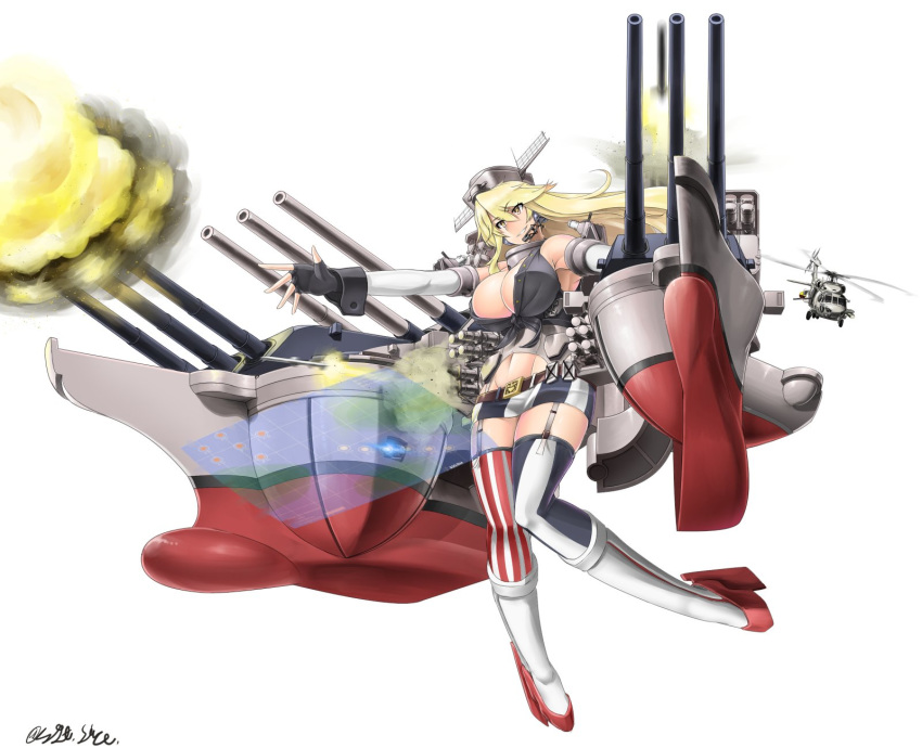 1girl aircraft blonde_hair blue_eyes breasts cannon commentary_request elbow_gloves fingerless_gloves firing front-tie_top garter_straps gloves helicopter highres iowa_(kantai_collection) kantai_collection large_breasts machinery miniskirt mismatched_legwear muzzle_flash saizu_nitou_gunsou simple_background skirt solo star star-shaped_pupils striped striped_legwear symbol-shaped_pupils thighhighs vertical-striped_legwear vertical_stripes white_background