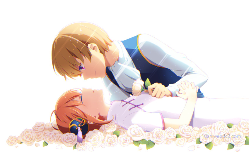 1girl a4_(drpnd) blonde_hair closed_eyes closed_mouth dress facing_another flower from_side gintama hand_on_another's_chest hands_clasped holding holding_flower kagura_(gintama) light_beam long_sleeves looking_at_another lying okita_sougo on_back orange_hair own_hands_together parted_lips petals purple_eyes rose shirt short_hair short_sleeves smile watermark web_address white_background white_flower white_rose white_shirt