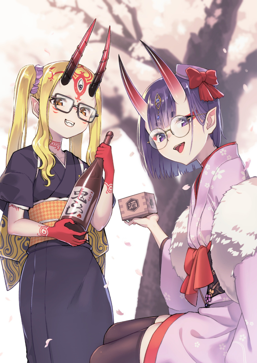 :d absurdres alcohol bangs bespectacled black-framed_eyewear black_kimono black_legwear blonde_hair bottle bow brown_eyes commentary_request eyebrows_visible_through_hair facial_mark fangs fate/grand_order fate_(series) floral_print fur_trim glasses grin hair_ornament hair_scrunchie hat highres holding holding_bottle horns ibaraki_douji_(fate/grand_order) japanese_clothes kimono long_hair long_sleeves looking_at_viewer masu mini_hat multiple_girls oni oni_horns open_mouth outdoors petals pink_hat pink_kimono pointy_ears print_kimono purple_eyes purple_hair purple_scrunchie red_bow round_eyewear sake sake_bottle saruchitan scrunchie short_hair short_kimono shuten_douji_(fate/grand_order) sidelocks sitting smile standing tasuki thick_eyebrows thighhighs tree twintails wide_sleeves