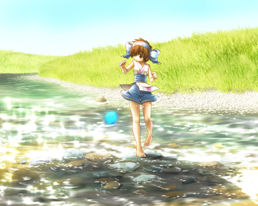 adapted_costume ainu_clothes barefoot bow brown_eyes brown_hair crystal day grass hairband hands_up kozuka looking_to_the_side obi rimururu rock samurai_spirits sash short_hair shorts sky sleeveless stream summer sunlight zanshomimai