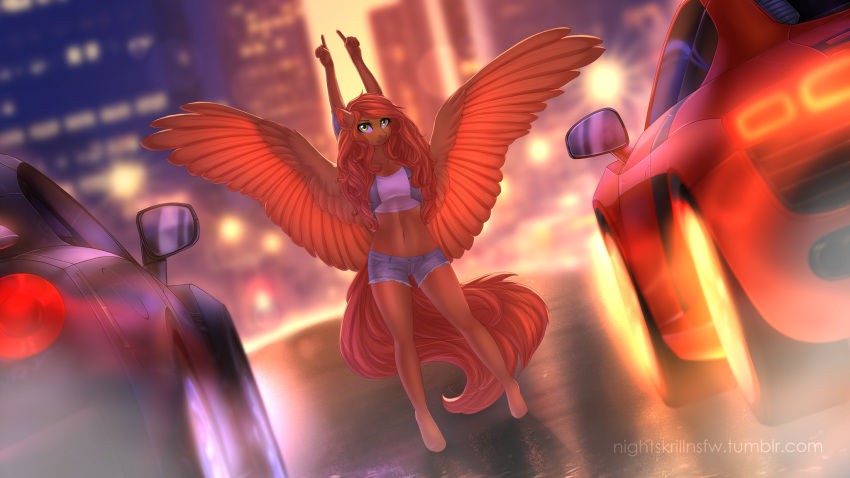 2018 anthro car clothing crop_top cutoffs denim_shorts digital_media_(artwork) equine fan_character feathered_wings feathers female hair hi_res long_hair mammal midriff my_little_pony navel nightskrill outside pegasus raised_arm shirt shorts solo spread_wings vehicle wings