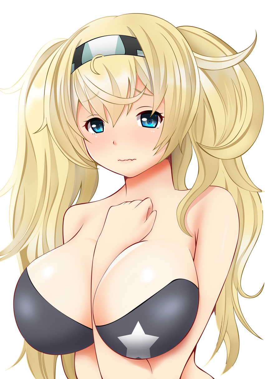 arm_up blonde_hair blue_eyes blush bra breasts closed_mouth commentary gambier_bay_(kantai_collection) hair_between_eyes hairband hifumi_kei highres kantai_collection large_breasts long_hair simple_background solo twintails underwear