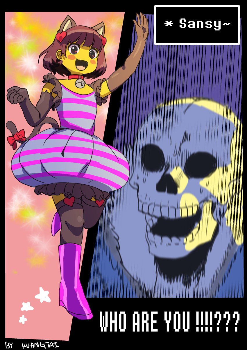 animated_skeleton bell blush bone boots brown_hair cat_costume clothing comic costume cute duo flirting footwear hair hi_res human jacket kuangtai mammal protagonist_(undertale) ribbons sans_(undertale) serious skeleton skull sparkle undead undertale video_games