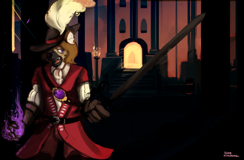 2017 absurd_res anthro biped bottomwear brown_ears brown_hair brown_hat brown_headwear canine clothed clothing detailed_background digital_media_(artwork) digital_painting_(artwork) dirtyscoundrel dog fully_clothed fur hair hat headwear hi_res holding_object holding_sword holding_weapon male mammal melee_weapon multicolored_fur red_bottomwear red_clothing red_topwear signature solo sword topwear weapon zero