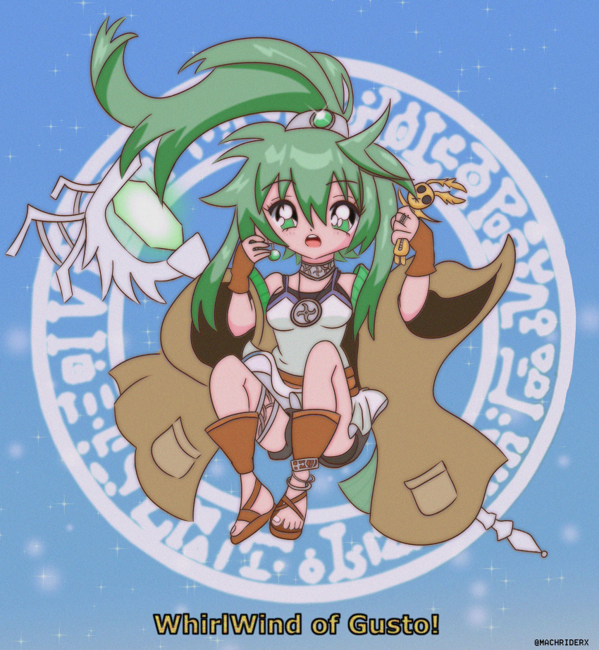 90s absurdres breasts duel_monster green_eyes green_hair highres jewelry looking_at_viewer open_mouth ponytail sandals solo winda_priestess_of_gusto yuu-gi-ou