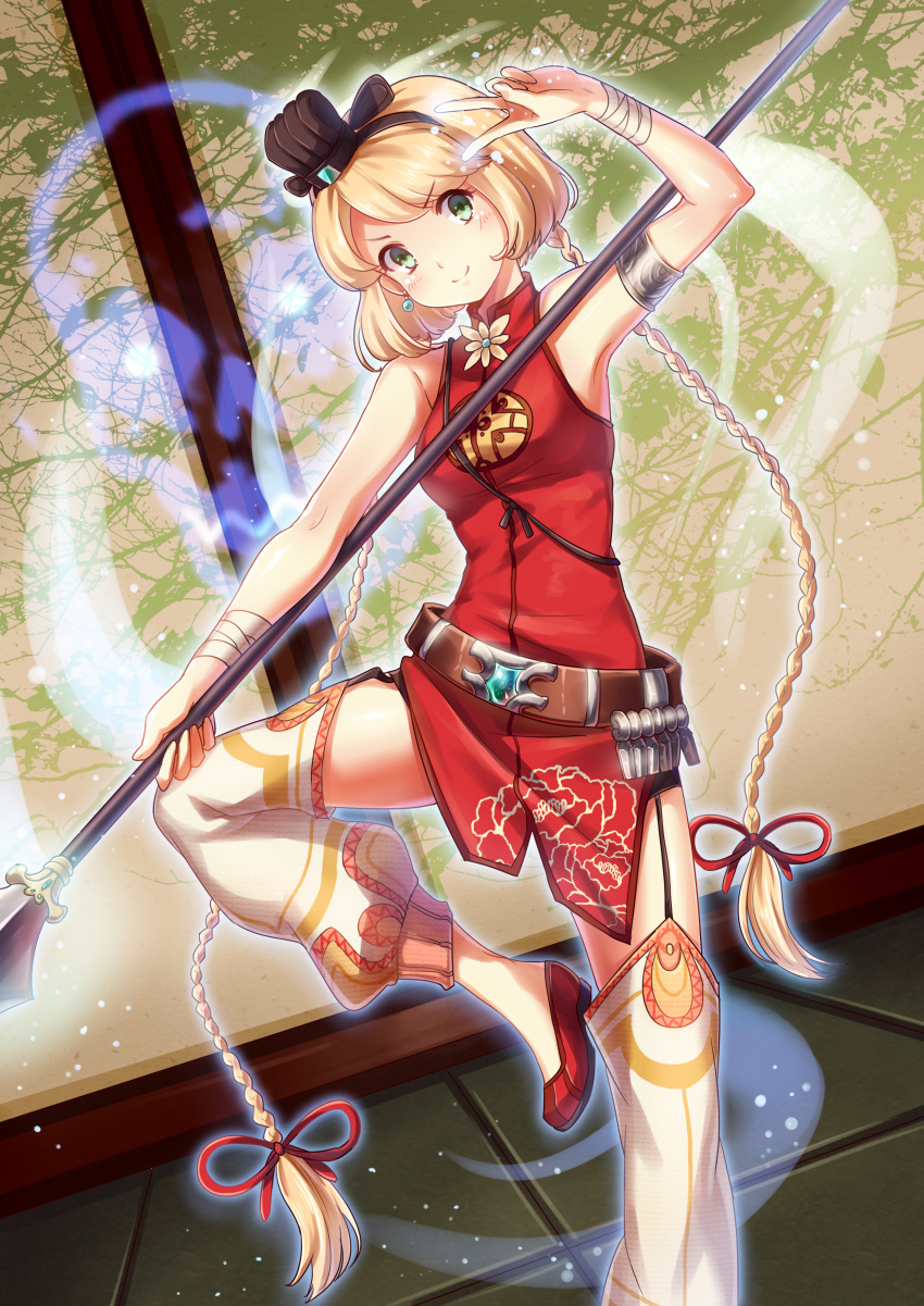 absurdres armlet armpits asymmetrical_hair bandages belt black_hairband blonde_hair china_dress chinese_clothes dress dutch_angle earrings eyebrows_visible_through_hair garter_straps green_eyes hair_ornament hairband highres holding holding_weapon indoors jewelry leg_up leg_warmers looking_at_viewer mikuni_romance polearm red_dress red_footwear sangoku_romance shoes short_dress short_hair sleeveless sleeveless_dress smile solo spear stance standing standing_on_one_leg v weapon