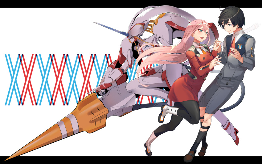 1girl bad_id bad_pixiv_id black_hair black_legwear blue_eyes boots_removed brown_footwear commentary couple darling_in_the_franxx green_eyes hairband highres hiro_(darling_in_the_franxx) holding_hands horns long_hair looking_at_another military military_uniform oni_horns pantyhose pink_hair roten_(rotenburo) shoes socks strelizia uniform very_long_hair white_footwear white_hairband zero_two_(darling_in_the_franxx)