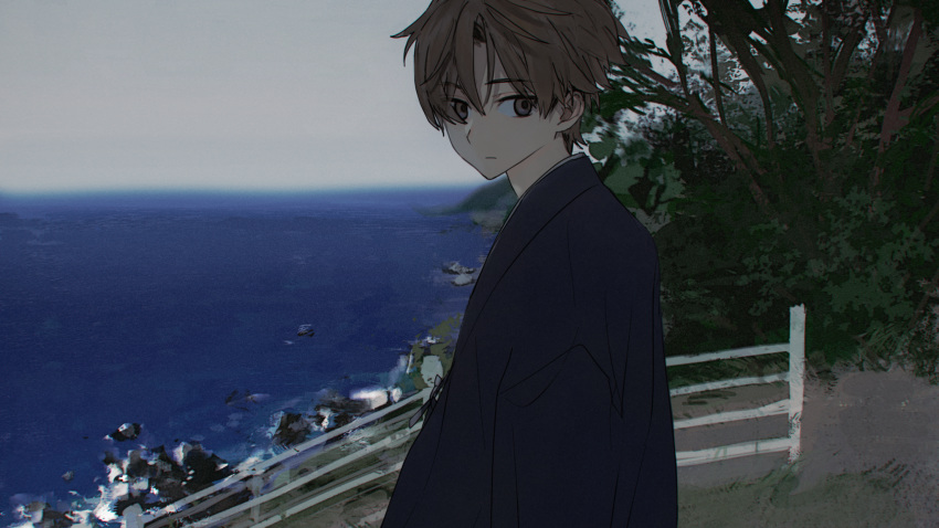 1boy blue_jacket brown_eyes brown_hair from_side grey_sky highres hirota_tsuu horizon jacket looking_at_viewer male_focus ocean original outdoors solo standing tree