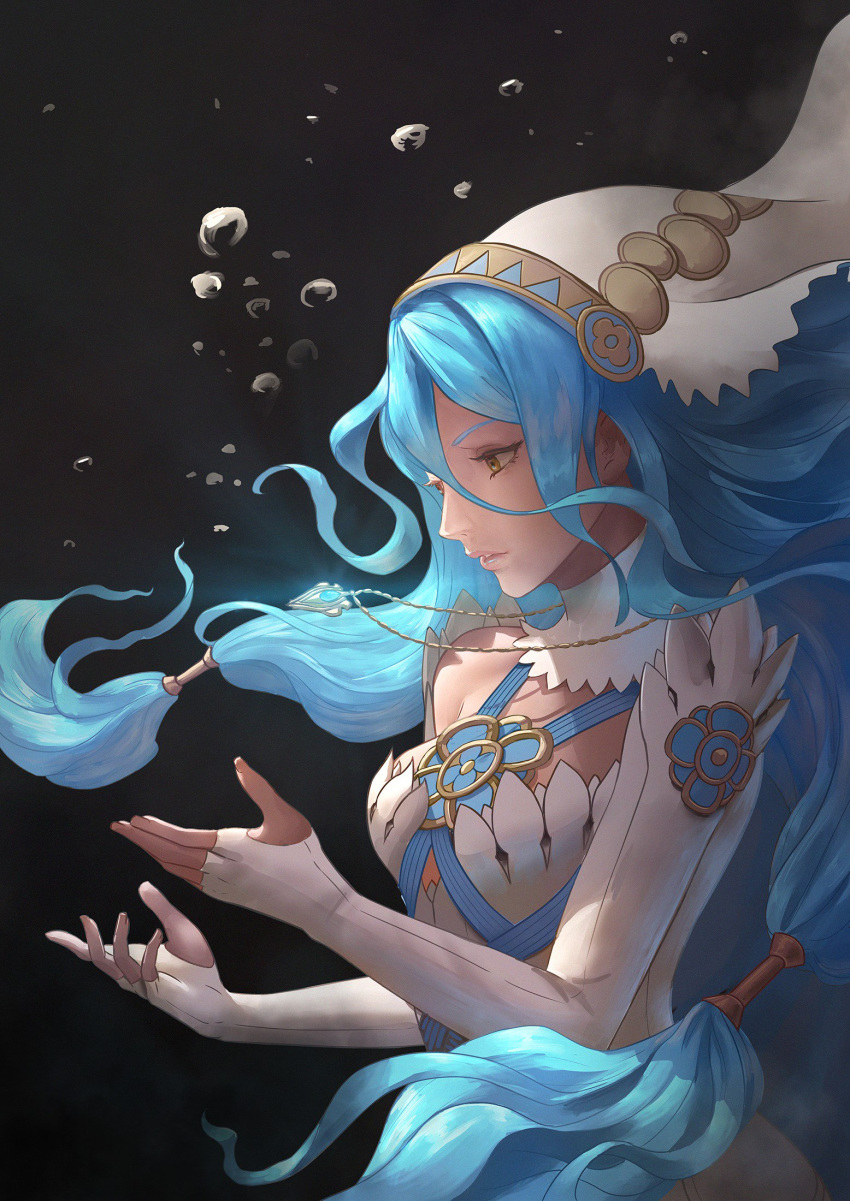 air_bubble aqua_(fire_emblem_if) azto_dio bare_shoulders beads blue_hair breasts bubble commentary dark detached_collar detached_sleeves dress english_commentary fingerless_gloves fire_emblem fire_emblem_heroes fire_emblem_if from_side gloves gold_trim hair_beads hair_ornament hands_up highres jewelry looking_at_hands medium_breasts necklace underwater veil white_dress yellow_eyes