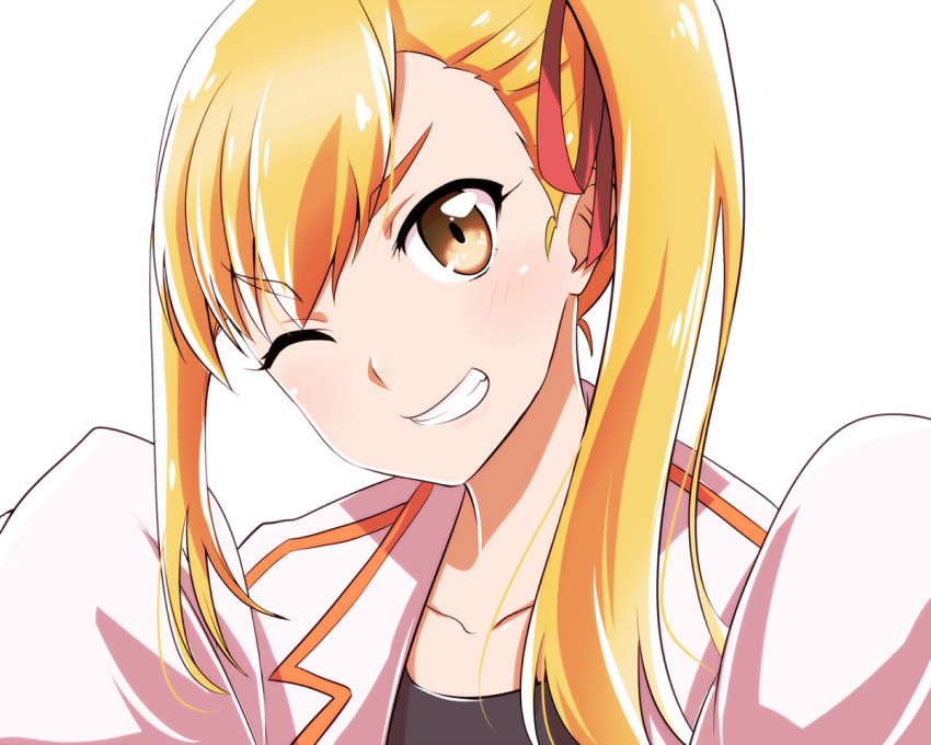 anzu_(hinamatsuri) bangs blonde_hair blush brown_eyes eyebrows_visible_through_hair grin hair_ribbon hinamatsuri_(manga) long_sleeves looking_at_viewer one_eye_closed portrait red_ribbon ribbon shiny shiny_hair shiny_skin shirt side_ponytail sidelocks simple_background sleeves_past_wrists smile solo tom_(drpow) white_background white_coat