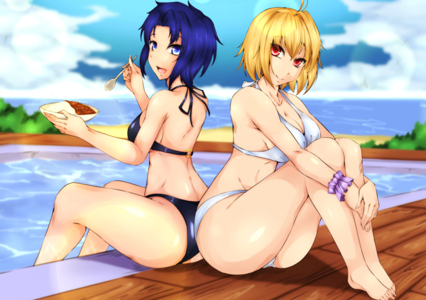 :d ahoge arcueid_brunestud ass back back-to-back barefoot bikini blonde_hair blue_eyes blue_hair blue_sky blurry breasts byakkun_(byakkun8181) ciel curry curry_rice day depth_of_field eating food highres knees_up leg_hug legs_together looking_back medium_breasts multiple_girls o-ring o-ring_bikini o-ring_top open_mouth outdoors pool poolside red_eyes rice short_hair sidelocks sitting sky smile swimsuit tsukihime underboob water wristband