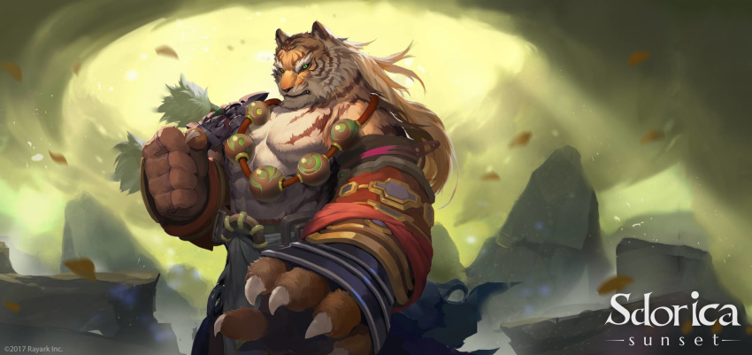 clothed clothing feline fur hair jewelry male mammal muscular official_art orange_fur pang_(character) sdorica_sunset solo tiger video_games white_fur white_hair