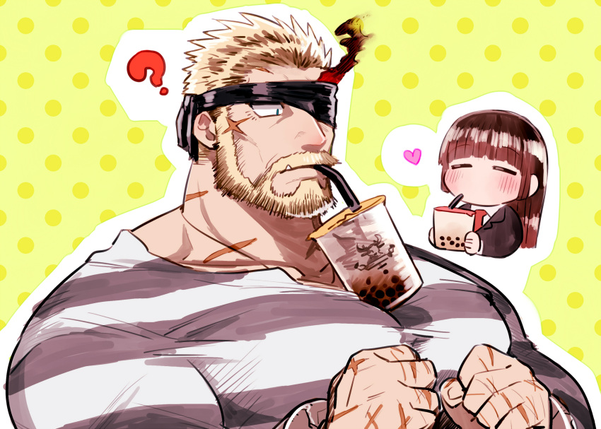 1boy 1girl ? balor_(tokyo_houkago_summoners) bara beard black_hair blonde_hair blue_eyes blush bubble_tea bubble_tea_challenge chibi cuffs drink eyepatch facial_hair fang flaming_eye heart highres large_pectorals master_2_(tokyo_houkago_summoners) mature_male meme multicolored_hair muscular muscular_male object_on_pectorals prison_clothes scar_on_arm scar_on_neck short_hair solo_focus sumi_wo_hakuneko tokyo_houkago_summoners two-tone_hair upper_body