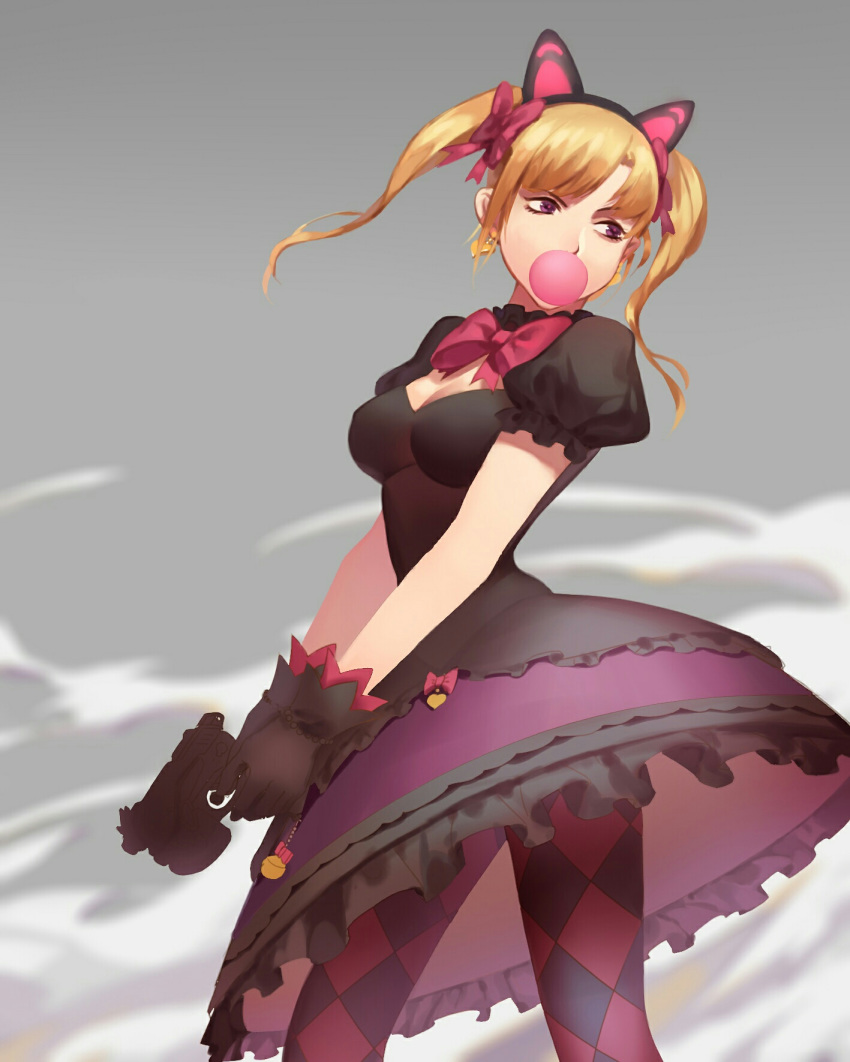 alternate_costume animal_ears argyle argyle_legwear black_cat_d.va black_dress black_gloves blonde_hair bow bowtie breasts brown_eyes bubble_blowing cat_ears chewing_gum cleavage commentary_request cowboy_shot d.va_(overwatch) dress earrings frilled_skirt frills from_side gloves grey_background gun heart heart_earrings highres holding holding_gun holding_weapon jewelry lolita_fashion looking_at_viewer looking_to_the_side medium_breasts medium_skirt overwatch pantyhose pink_bow puffy_short_sleeves puffy_sleeves short_sleeves simple_background skirt smoke solo twintails weapon woaidnfhehe work_in_progress