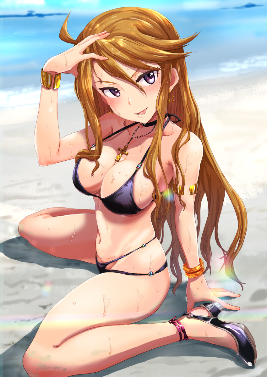 ahoge arm_support arm_up armlet bad_anatomy bangs bare_arms bare_legs bare_shoulders beach bikini black_bikini black_choker black_footwear blurry blurry_background blush bracelet breasts brown_hair choker cleavage collarbone cross cross_necklace day depth_of_field earrings from_above full_body glint groin hair_between_eyes halterneck hand_on_own_head high_heels highres idolmaster idolmaster_million_live! jewelry leg_ribbon lens_flare light_particles long_hair looking_at_viewer looking_up medium_breasts multi-strapped_bikini navel necklace ocean outdoors parted_lips pink_ribbon purple_eyes ribbon run_p_(aveton) sand sand_on_skin shadow shiny shiny_hair shoes sidelocks sitting smile solo star star_earrings stomach string_bikini swept_bangs swimsuit thighs tokoro_megumi tongue tongue_out tsurime very_long_hair wariza water water_drop wet wet_hair