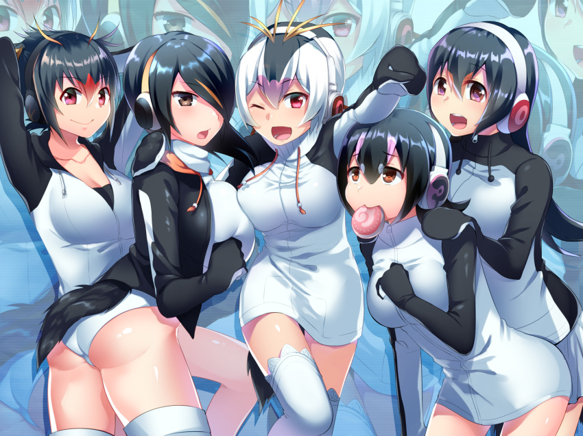 :d ;d aburai_yui ass bird_tail black_hair black_jacket breasts brown_eyes clenched_hand commentary_request emperor_penguin_(kemono_friends) food food_in_mouth gentoo_penguin_(kemono_friends) hair_between_eyes hair_over_one_eye hand_on_another's_shoulder headphones highleg highleg_leotard highres hood hoodie humboldt_penguin_(kemono_friends) jacket japari_bun japari_symbol kemono_friends large_breasts leotard long_hair multicolored_hair multiple_girls one_eye_closed open_clothes open_hoodie open_mouth outstretched_arm penguins_performance_project_(kemono_friends) red_eyes rockhopper_penguin_(kemono_friends) royal_penguin_(kemono_friends) short_hair skirt smile streaked_hair white_leotard zoom_layer