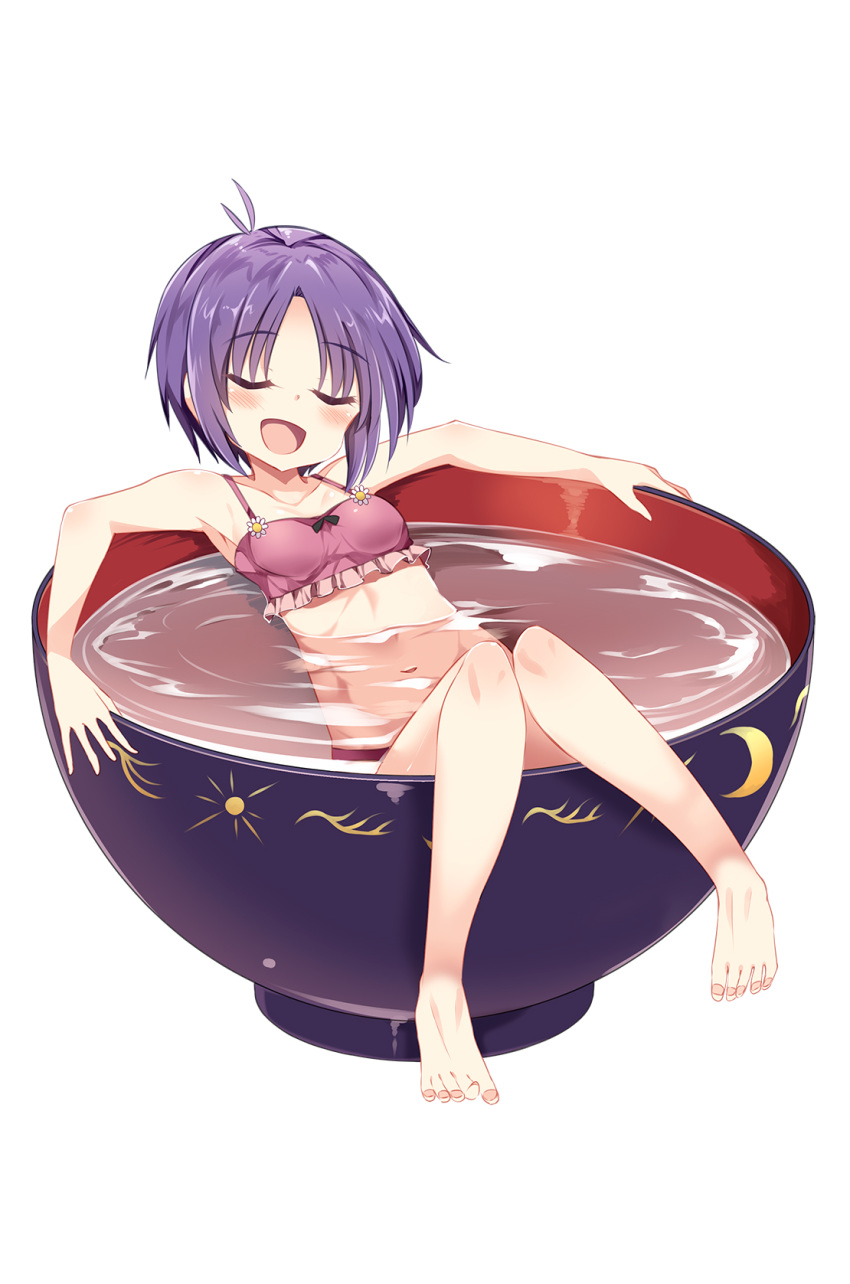 :d bad_feet bare_arms barefoot bathing bikini bowl closed_eyes eyebrows_visible_through_hair highres knees_together_feet_apart lying maturiuta_sorato minigirl navel open_mouth pink_bikini purple_hair short_hair simple_background smile solo sukuna_shinmyoumaru swimsuit touhou water white_background