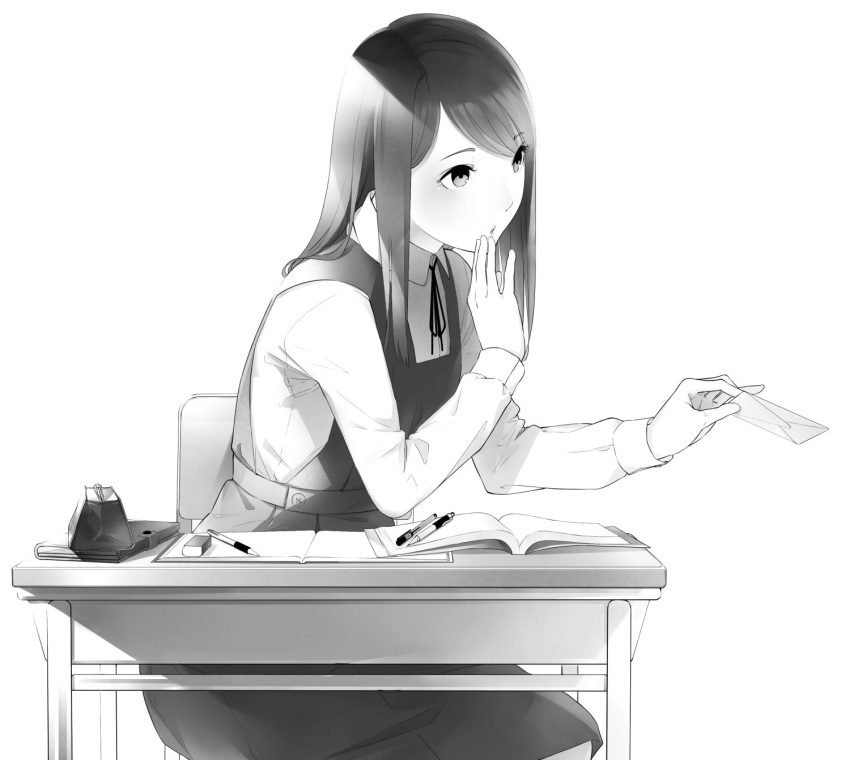 book chair collared_shirt desk dress eraser eyebrows_visible_through_hair greyscale hand_up highres holding letter long_hair long_sleeves monochrome neck_ribbon notebook original pen pencil pencil_case pinafore_dress ribbon school_desk school_uniform shirt simple_background sitting solo sousou_(sousouworks) whispering white_background wing_collar