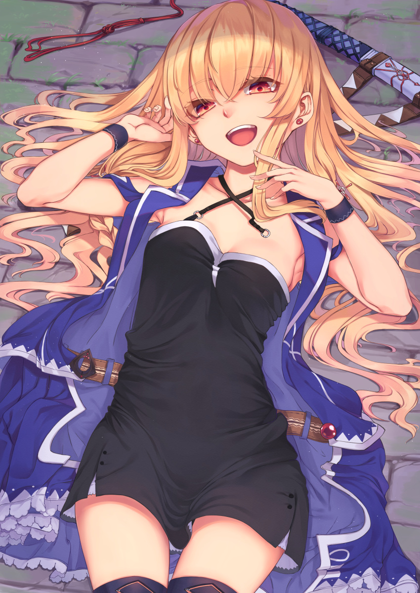 :d absurdres armpits arms_up bangs belt black_dress black_legwear blonde_hair blue_vest blush breasts cleavage collarbone criss-cross_halter dress eyebrows_visible_through_hair halterneck head_tilt highres long_hair lying mizuiro_raika moss on_back on_ground open_clothes open_mouth open_vest original red_eyes sheath sheathed short_dress small_breasts smile solo stone_floor sweatband sword thigh_gap thighhighs unbuckled_belt upper_teeth very_long_hair vest weapon zettai_ryouiki