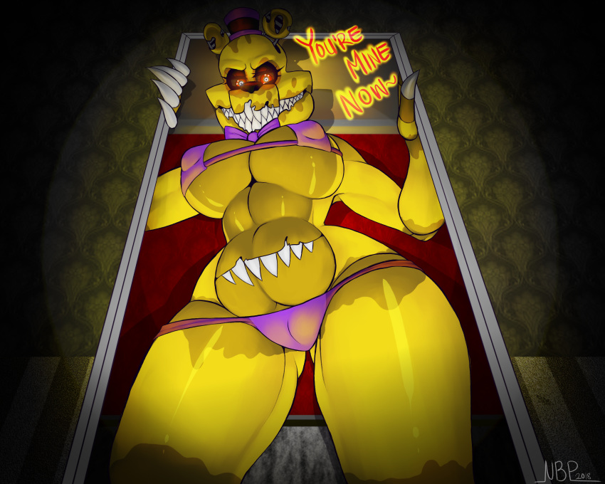 2018 absurd_res animatronic bear big_breasts bow_tie breasts clothed clothing crossgender digital_media_(artwork) female five_nights_at_freddy's five_nights_at_freddy's_4 glowing glowing_eyes hi_res huge_breasts looking_at_viewer machine mammal midriff navel nightmare_fredbear_(fnaf) nightmarebearpuff nipple_bulge robot sharp_teeth signature smile solo standing stomach_mouth teeth text thick_thighs underwear video_games wide_hips