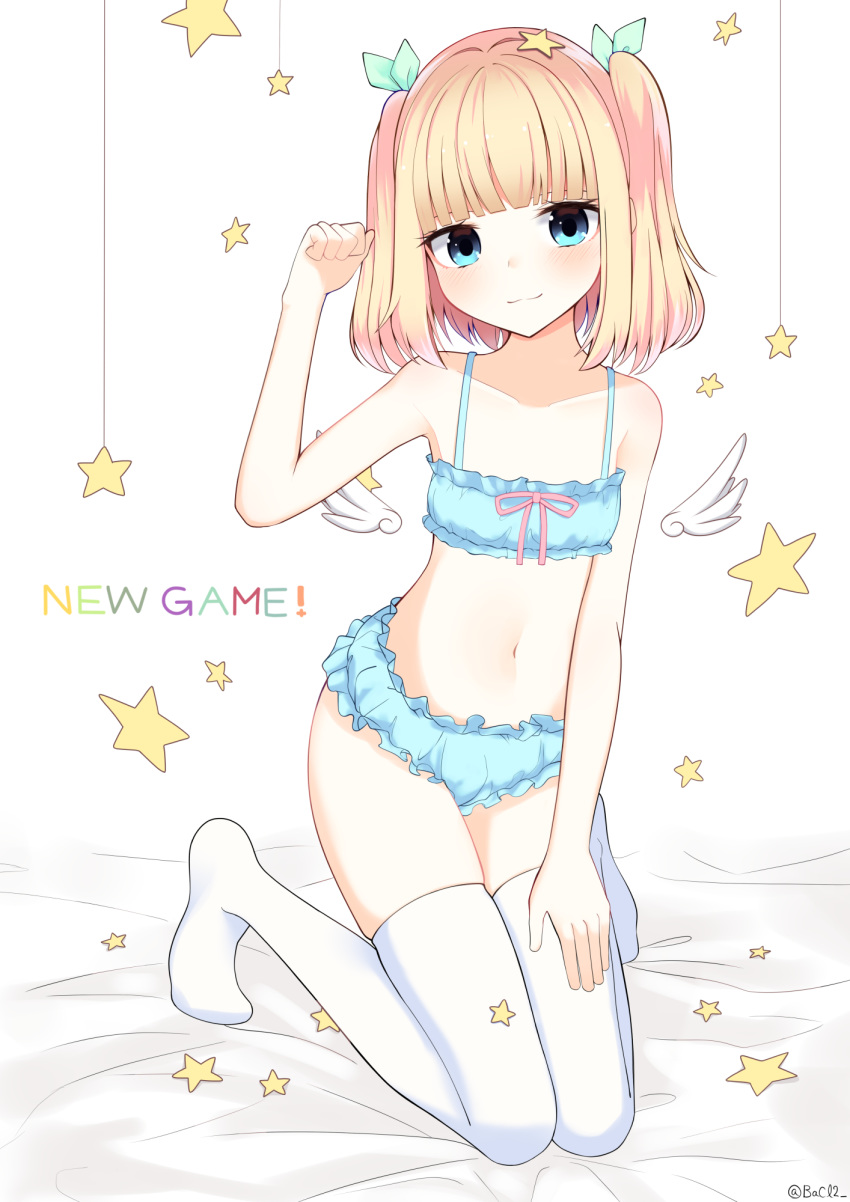 :3 artist_name bacl2 bare_shoulders bed_sheet blonde_hair blue_bra blue_eyes bra cinderella_bust copyright_name flat_chest full_body hair_ornament hand_on_own_knee highres iijima_yun kneeling looking_at_viewer medium_hair midriff navel new_game! paw_pose simple_background solo star star_hair_ornament thighhighs underwear white_legwear wings