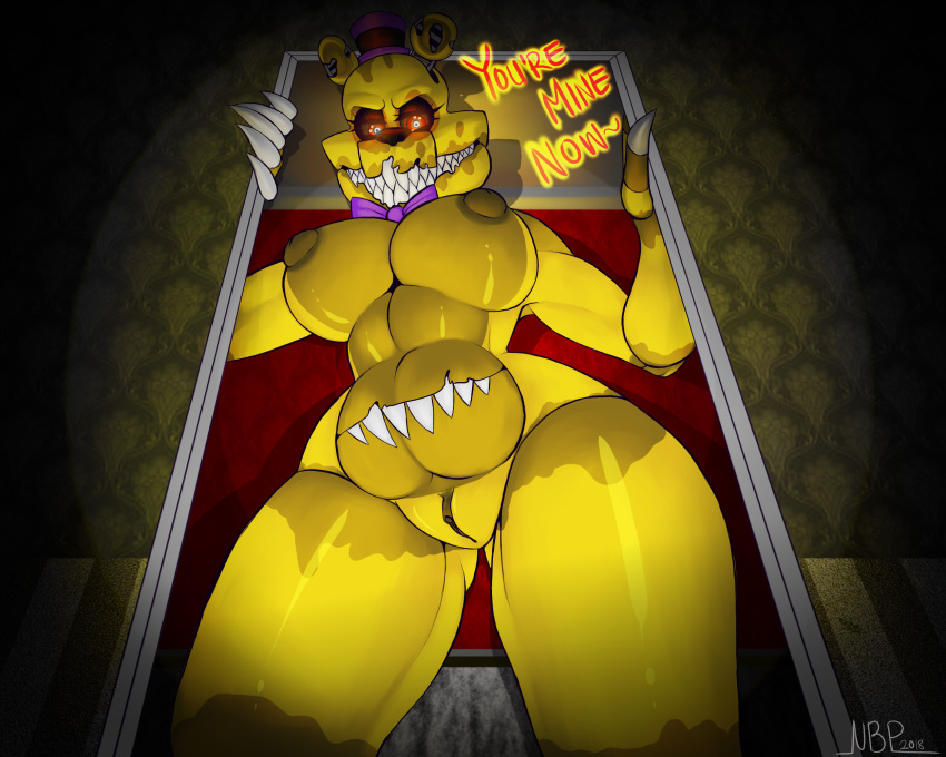 2018 absurd_res animatronic bear big_breasts bow_tie breasts crossgender digital_media_(artwork) female five_nights_at_freddy's five_nights_at_freddy's_4 glowing glowing_eyes hi_res huge_breasts looking_at_viewer machine mammal navel nightmare_fredbear_(fnaf) nightmarebearpuff nipples nude pussy robot sharp_teeth signature smile solo standing stomach_mouth teeth text thick_thighs video_games wide_hips