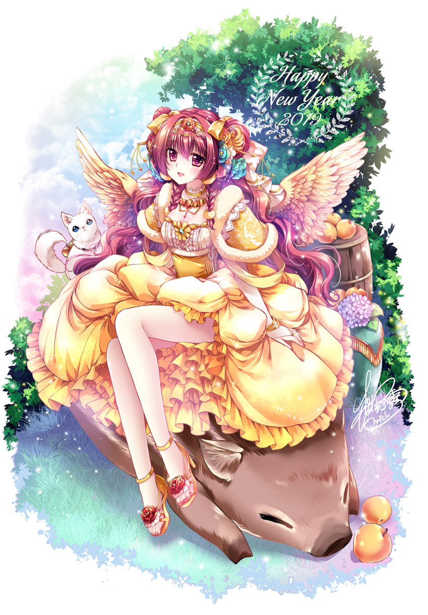 1girl 2019 apple bare_legs barrel blush boar bracelet braid breasts bridal_gauntlets choker cleavage commentary_request dress eyebrows_visible_through_hair feathered_wings flower food frilled_dress frills fruit hair_between_eyes hair_flower hair_ornament happy_new_year high_heels highres hydrangea jewelry long_hair looking_at_viewer medium_breasts necklace new_year no_socks open_mouth original outdoors red_eyes red_hair sakurano_tsuyu shiny shiny_clothes shiny_hair signature sitting_on_animal solo twin_braids very_long_hair wavy_hair wings yellow_dress