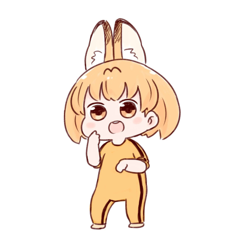 :d alternate_costume animal_ears batta_(ijigen_debris) blush blush_stickers bruce_lee chibi commentary_request extra_ears hand_up highres kemono_friends kill_bill looking_at_viewer open_mouth orange_eyes orange_hair round_teeth serval_(kemono_friends) serval_ears short_hair simple_background smile solo standing teeth track_suit white_background