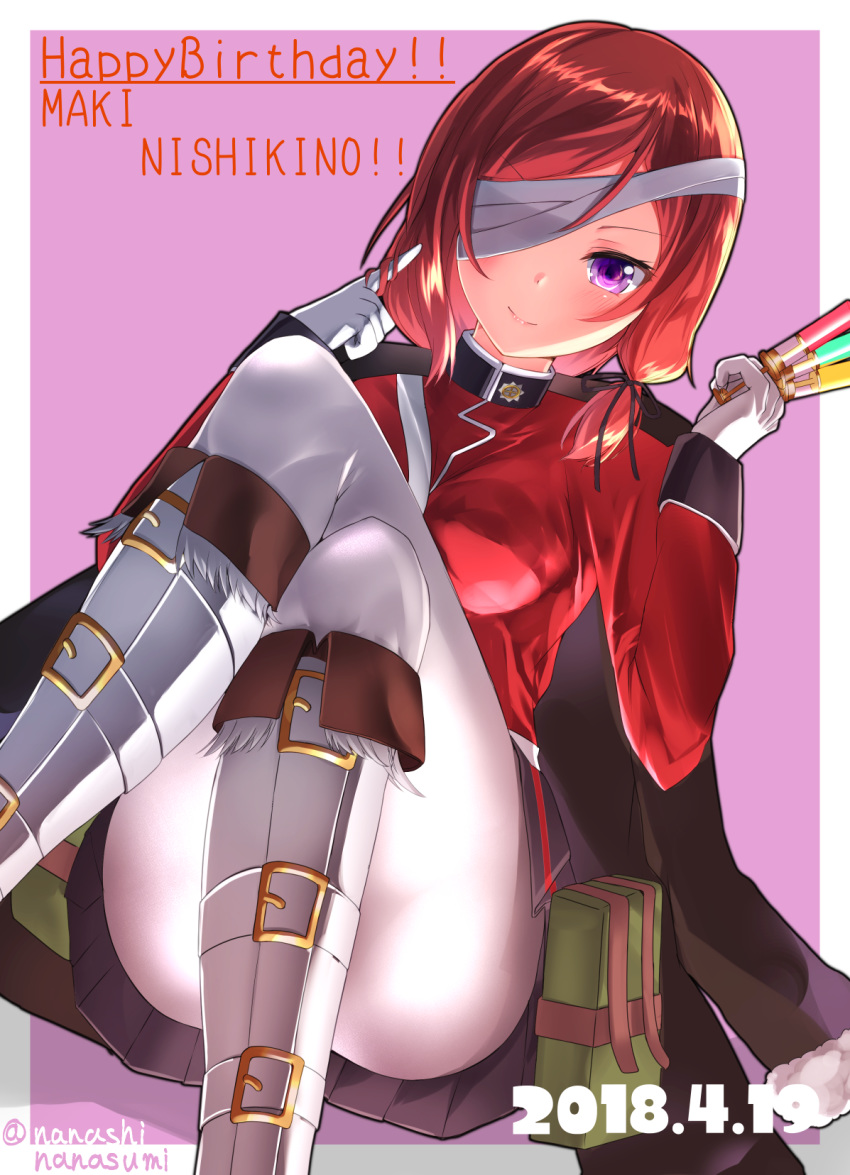 between_fingers between_legs black_ribbon black_skirt boots breasts buckle character_name closed_mouth convenient_leg cosplay crossed_legs dated eyepatch fate/grand_order fate_(series) feet_out_of_frame florence_nightingale_(fate/grand_order) florence_nightingale_(fate/grand_order)_(cosplay) fur-trimmed_boots fur_trim gloves hair_ribbon hair_twirling happy_birthday highres knee_boots lips long_sleeves looking_at_viewer love_live! love_live!_school_idol_project medium_breasts medium_hair military military_uniform miniskirt nanasumin nishikino_maki one_eye_covered outside_border pantyhose pink_background pouch purple_eyes red_hair ribbon simple_background skirt smile solo syringe twitter_username uniform white_footwear white_gloves white_legwear