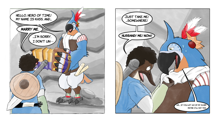 ! accordion afro anthro avian beak bird breath_of_the_wild clothing comic dialogue duo english_text hair humor instrument kass_(zelda) male male/male mammal melee_weapon monotreme musical_instrument nintendo open_mouth platypus rito shield smile sword text the_coast_is_near the_coast_is_safe the_legend_of_zelda video_games weapon