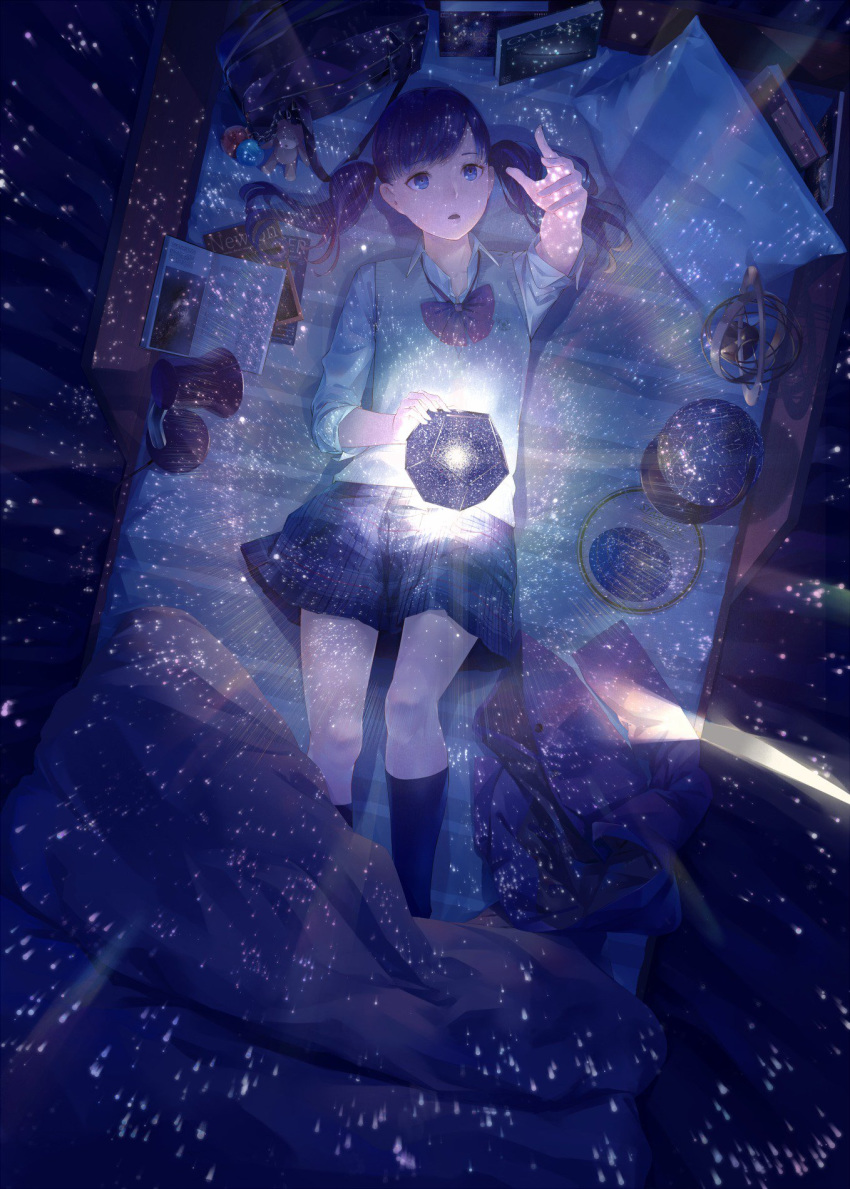 armillary_sphere awestruck bag bag_charm bangs bed bed_sheet blue_eyes blue_skirt book bow celestial_sphere charm_(object) collared_shirt dark desk_lamp dodecahedron foreshortening from_above grey_vest hand_up highres jacket jacket_removed kneehighs lamp light_particles looking_at_hand lying on_back on_bed open_book original outstretched_arm parted_lips plaid plaid_skirt purple_hair school_bag school_uniform shirt skirt sleeves_folded_up socks solo sousou_(sousouworks) star_chart twintails vest white_shirt wing_collar