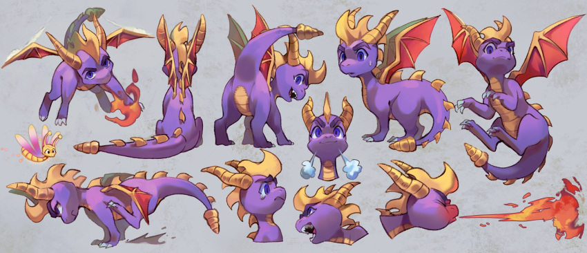 arthropod crying dragon dragonfly fire fire_breathing flying horn insect membranous_wings model_sheet purple_scales raised_tail rear_view scales sparx spyro spyro_the_dragon tears uzucake video_games wings