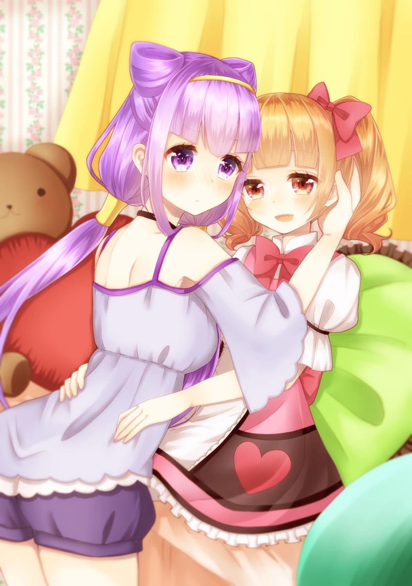 2girls aisaki_emiru bangs bending_forward black_choker blonde_hair blue_shorts blunt_bangs blush bow choker commentary_request cowboy_shot curtains dress feet_out_of_frame folded_leg frilled_skirt frills from_behind hair_bow hairband hand_in_hair hand_on_another's_head hands_on_another's_hips heart heart_print highres hugtto!_precure lavender_hair leaning_on_person light_blue_dress light_frown long_hair looking_at_viewer looking_back multiple_girls neck_ribbon open_mouth pillow pink_dress ponytail precure puffy_short_sleeves puffy_sleeves purple_eyes raglan_sleeves red_eyes red_neckwear ribbon ruru_amour short_sleeves shorts sitting skirt smile stuffed_animal stuffed_toy sunao teddy_bear twintails very_long_hair wallpaper_(object) yuri