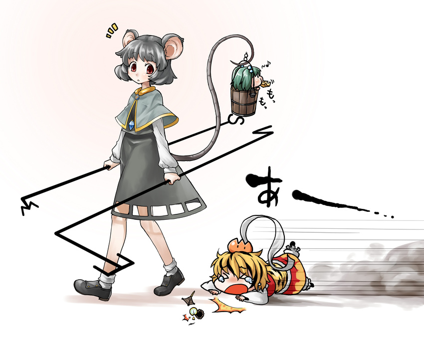 &gt;_&lt; 3girls :t animal_ears bishamonten's_pagoda blonde_hair broken bucket cheese chibi closed_eyes dowsing_rod eating fallen_down food green_hair grey_hair hair_bobbles hair_ornament highres kisume looking_back mouse_ears mouse_tail multiple_girls musical_note nazrin phenne red_eyes short_hair speed_lines tail tears toramaru_shou touhou twintails