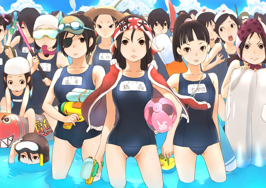 ball beachball black_hair breast_grab breasts brown_eyes brown_hair cloud day diving_mask diving_mask_on_eyes diving_mask_on_head goggles goggles_on_head grabbing hair_over_one_eye hat headband helmet highres jacket long_hair medium_breasts multiple_girls name_tag nurse_cap one-piece_swimsuit original ponytail rubber_duck school_swimsuit short_hair sky small_breasts snorkel snorkel_in_mouth swimsuit utu water water_gun