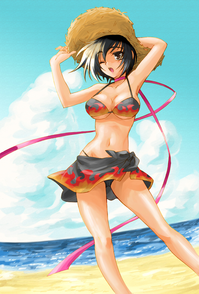 bad_id bad_pixiv_id beach bikini black_bikini black_hair black_sarong breasts brown_eyes choker cloud day fire gien hand_on_headwear hat highres koihime_musou large_breasts legs mali ocean one_eye_closed open_mouth outdoors print_sarong ribbon ribbon_choker sand sarong shin_koihime_musou short_hair sky solo straw_hat sun_hat swimsuit thighs