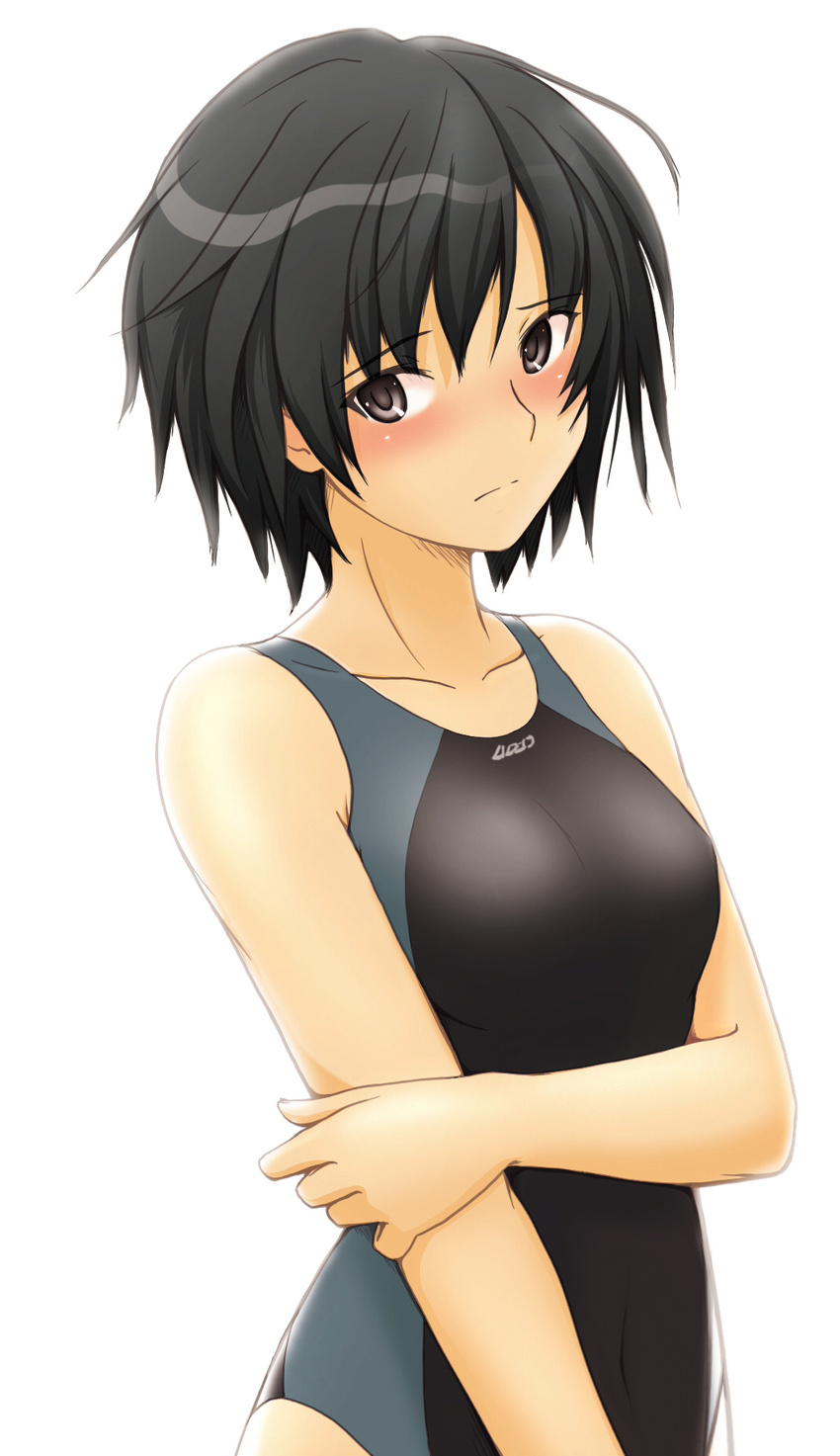 amagami black_hair blush brown_eyes competition_swimsuit highres nanasaki_ai one-piece_swimsuit sasaki_akira_(ugc) short_hair solo swimsuit