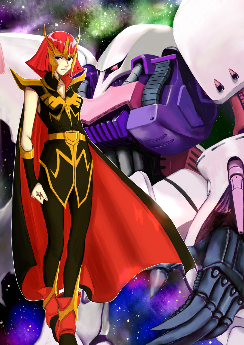 amawa_kazuhiro cape crown gundam gundam_zz haman_karn highres mecha pantyhose purple_eyes qubeley red_hair short_hair space