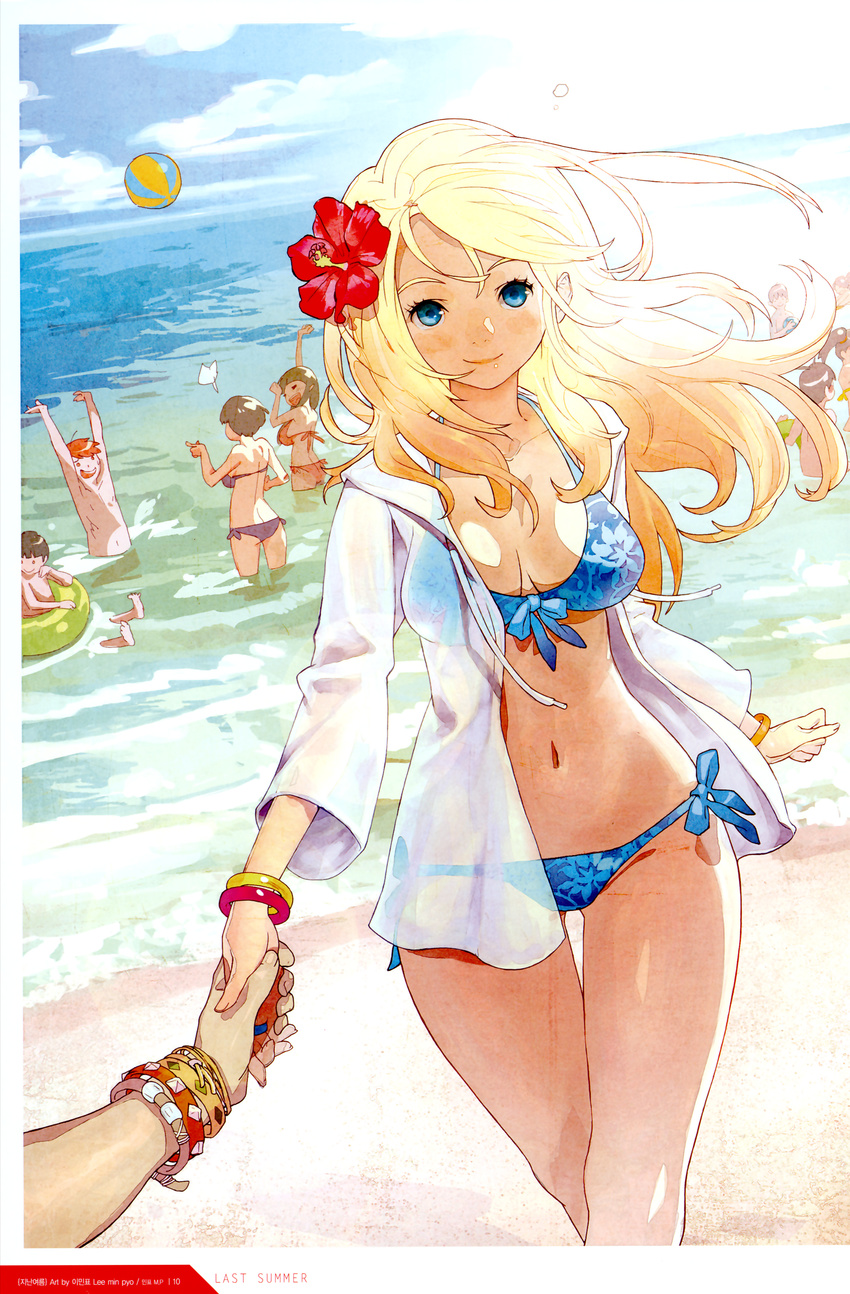 5girls absurdres arms_up ball beach bikini blonde_hair blue_eyes bracelet breasts brown_eyes brown_hair cleavage cloud curvy day flower hair_flower hair_ornament hibiscus highres holding_hands innertube jacket jewelry korean lee_min-piyo long_hair medium_breasts multiple_boys multiple_girls navel ocean open_mouth orange_eyes orange_hair original out_of_frame outdoors pov pov_hands scan see-through short_hair side-tie_bikini sitting sky smile solo_focus swimsuit water wide_hips wind