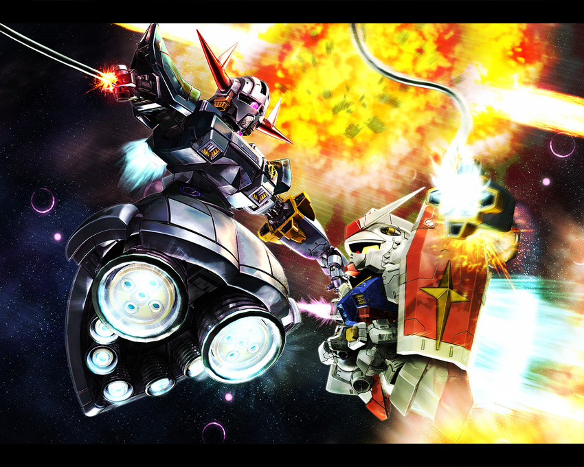 a_mituhashi battle cable chibi energy_sword explosion gundam highres mecha mobile_suit_gundam no_humans rx-78-2 sd_gundam shield space spark sword weapon zeong