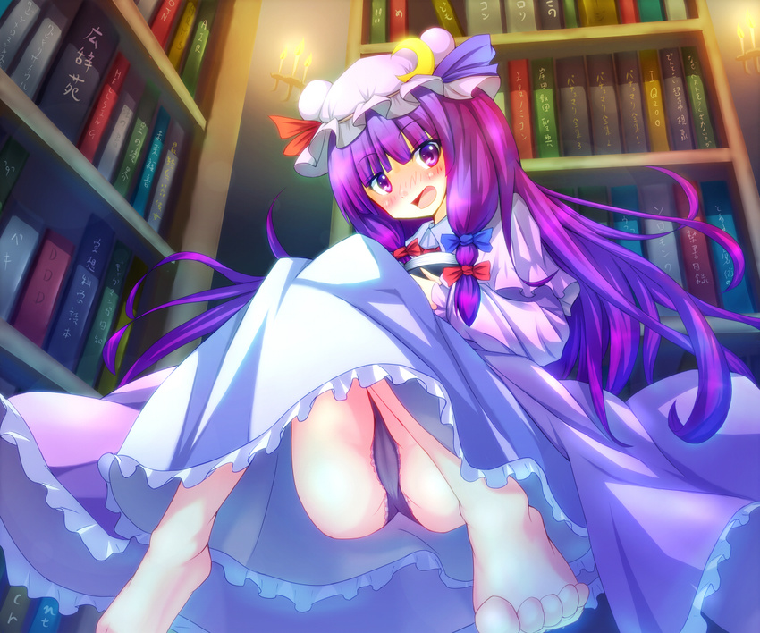 bad_feet barefoot black_panties bloom bookshelf crescent_moon hat library long_hair moon panties pantyshot patchouli_knowledge purple_eyes purple_hair ryosios solo touhou underwear