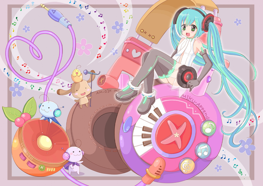 aqua_eyes aqua_hair azukimonaka beamed_eighth_notes boots duplicate eighth_note elbow_gloves gloves green_eyes hatsune_miku hatsune_miku_(append) headphones headset highres long_hair mascot musical_note necktie piano_keys quarter_note sitting thigh_boots thighhighs treble_clef twintails very_long_hair vocaloid vocaloid_append