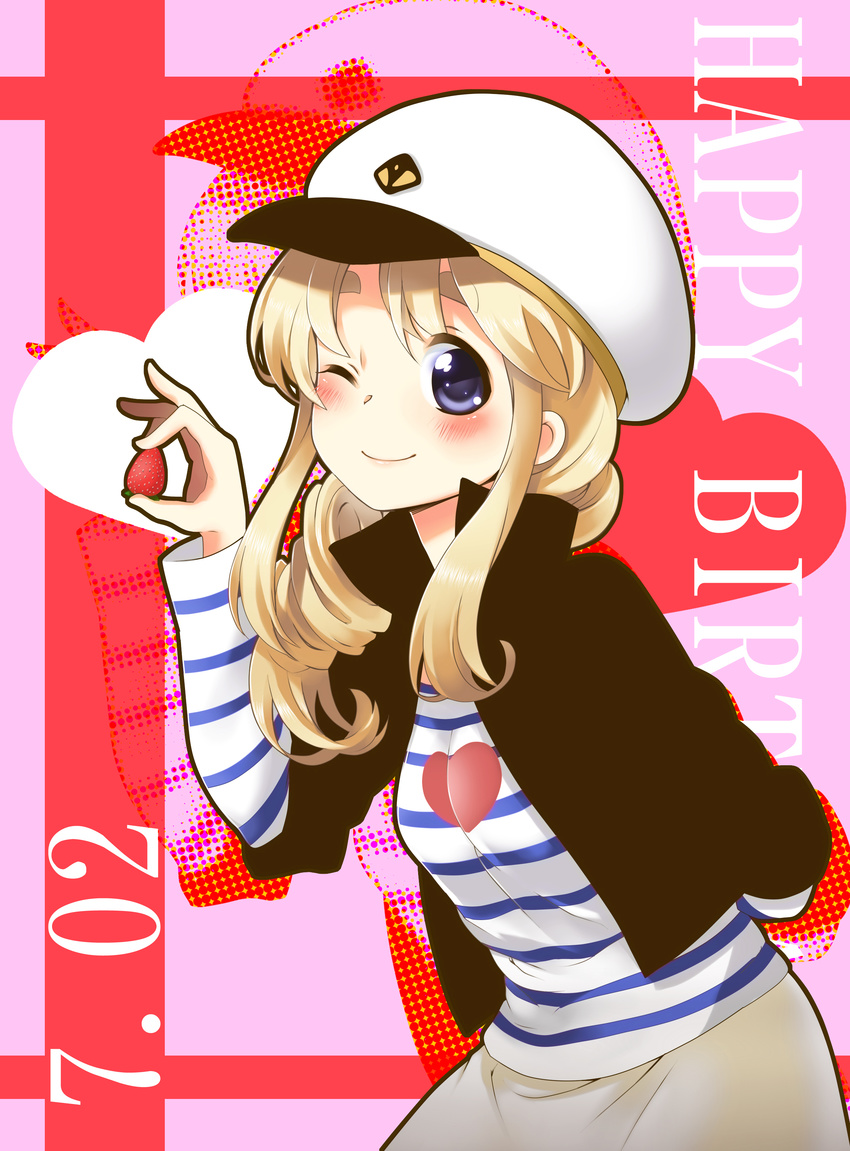 absurdres blonde_hair blue_eyes food fruit hat highres holding holding_food holding_fruit k-on! kotobuki_tsumugi listen!! mitsuki_meiya sailor_hat shirt solo strawberry striped striped_shirt