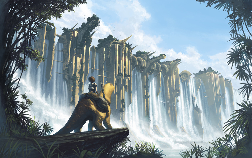 fantasy gugu_(monkey) original riding scenery solo water waterfall