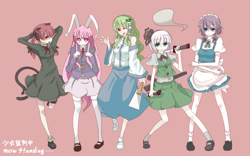 animal_ears bunny_ears cat_ears gohei grey_hair izayoi_sakuya kaenbyou_rin katana kochiya_sanae konpaku_youmu konpaku_youmu_(ghost) lineup maid monomi multiple_girls pink_hair red_eyes red_hair reisen_udongein_inaba ribbon stage_connection sword thighhighs touhou twintails weapon white_hair