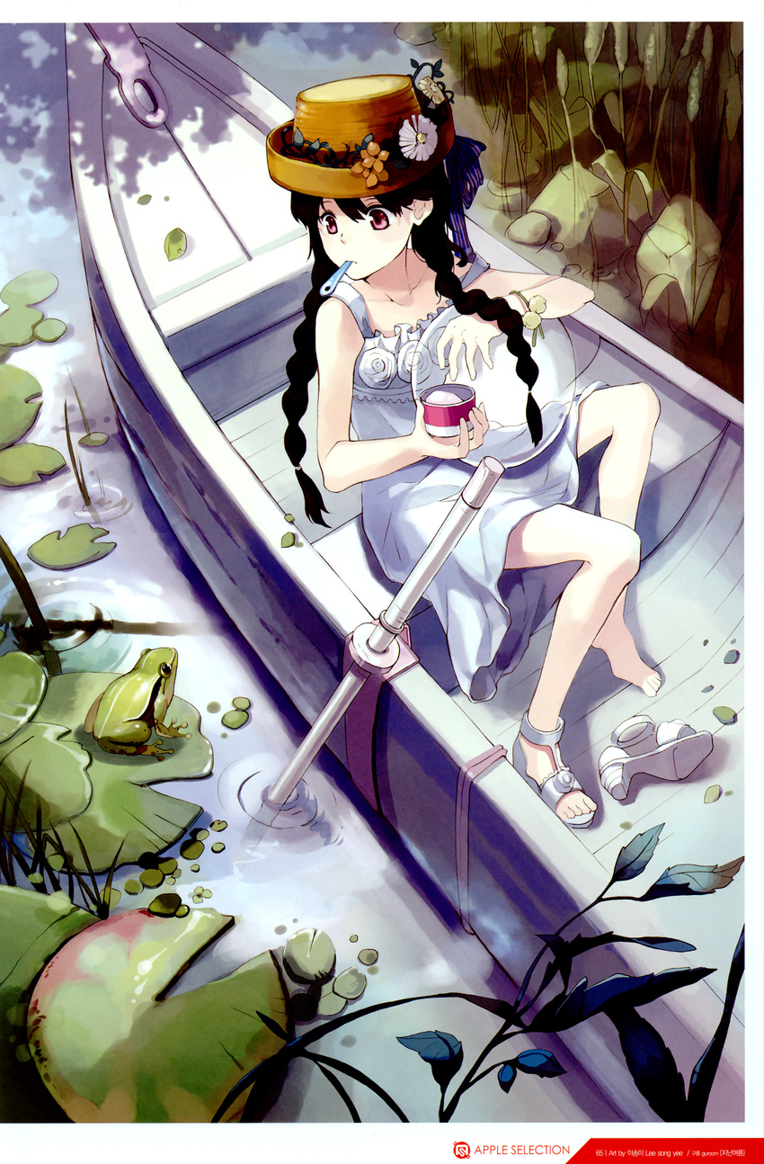 9room absurdres ball bare_shoulders black_hair boat bracelet braid can flower frog from_above hair_over_shoulder hat highres jewelry legs long_hair mouth_hold original red_eyes scan sitting skirt solo spoon twin_braids water watercraft white_skirt