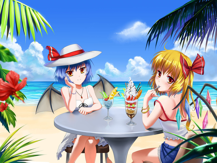 bat_wings beach blonde_hair blue_hair bracelet chair chocolate cloud crossed_legs day eating flandre_scarlet flower food hat horizon ice_cream jewelry looking_at_viewer looking_back multiple_girls necklace orange_eyes outdoors palm_tree parfait pocky remilia_scarlet short_hair shorts siblings sisters sitting sky spoon strap_slip table tank_top touhou tree tropical_drink windtalker wings