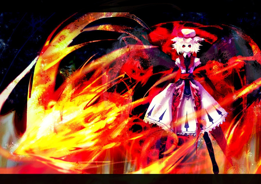 alternate_costume bad_id bad_pixiv_id dress fire hat koumajou_densetsu koumajou_densetsu_1 letterboxed remilia_scarlet short_hair solo spear_the_gungnir standing touhou urami white_hair