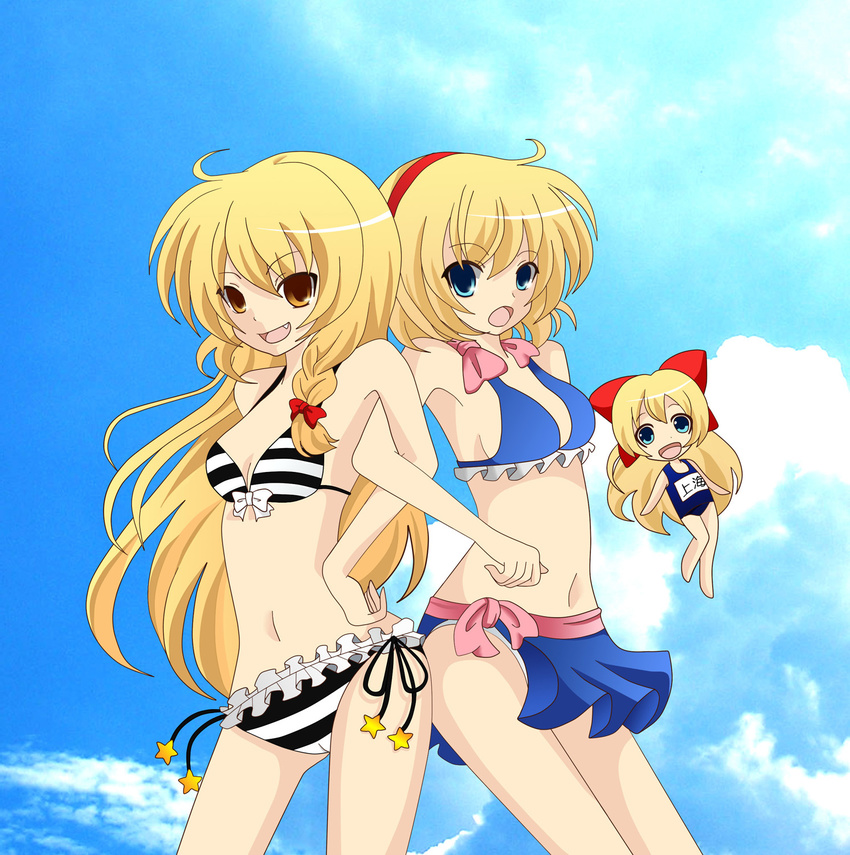 alice_margatroid bad_id bad_pixiv_id bikini blonde_hair blue_eyes braid doll fang hairband highres kayama_benio kirisame_marisa long_hair matching_shanghai multiple_girls name_tag one-piece_swimsuit school_swimsuit shanghai_doll short_hair single_braid swimsuit touhou yellow_eyes